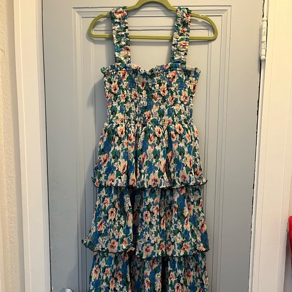 GANNI Pleated Georgette Flounce Smock Midi Dress - Picture 2 of 3